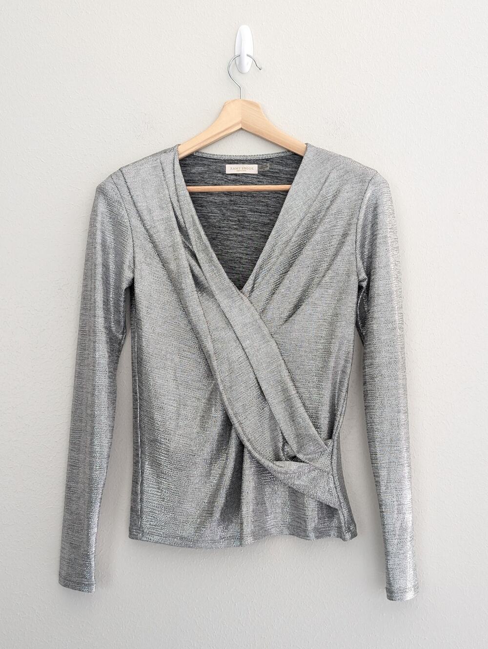 EUC Women's Ramy Brook Faux-Wrap Blouse Silver Long Sleeve Size Small Metallic